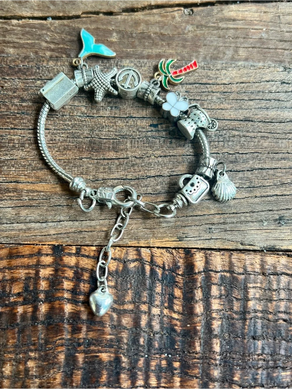 Silver Charm Bracelet with Palm Tree and Shell Charms